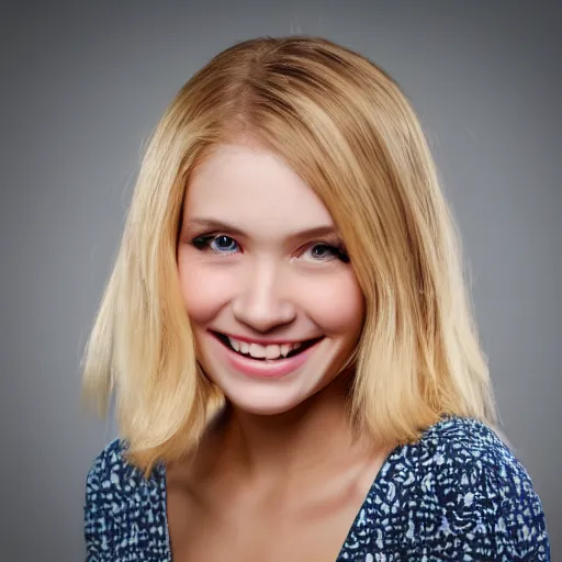 Prompt: photo of blonde girl smiling at the camera