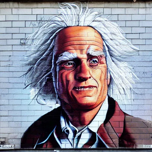 Image similar to Street-art portrait of Emmett Brown in style of Etam Cru