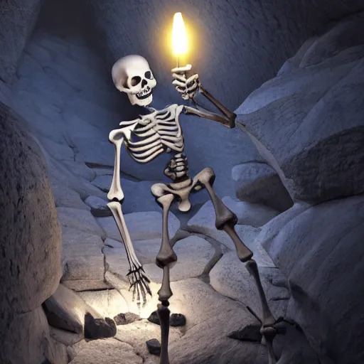 Image similar to a skeleton holding a latern in cave, hyper detailed, high quality, 8k, fantasy