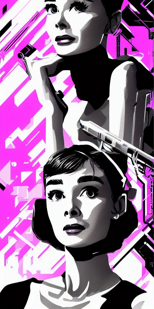 Image similar to audrey hepburn cyberpunk, synthwave poster,