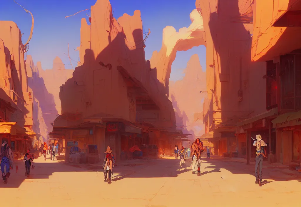 Image similar to small western street in the desert, intricate oil painting, high detail illustration, sharp high detail, manga and anime 1 9 9 9, official fanart behance hd artstation by jesper ejsing and makoto shinkai, 4 k,