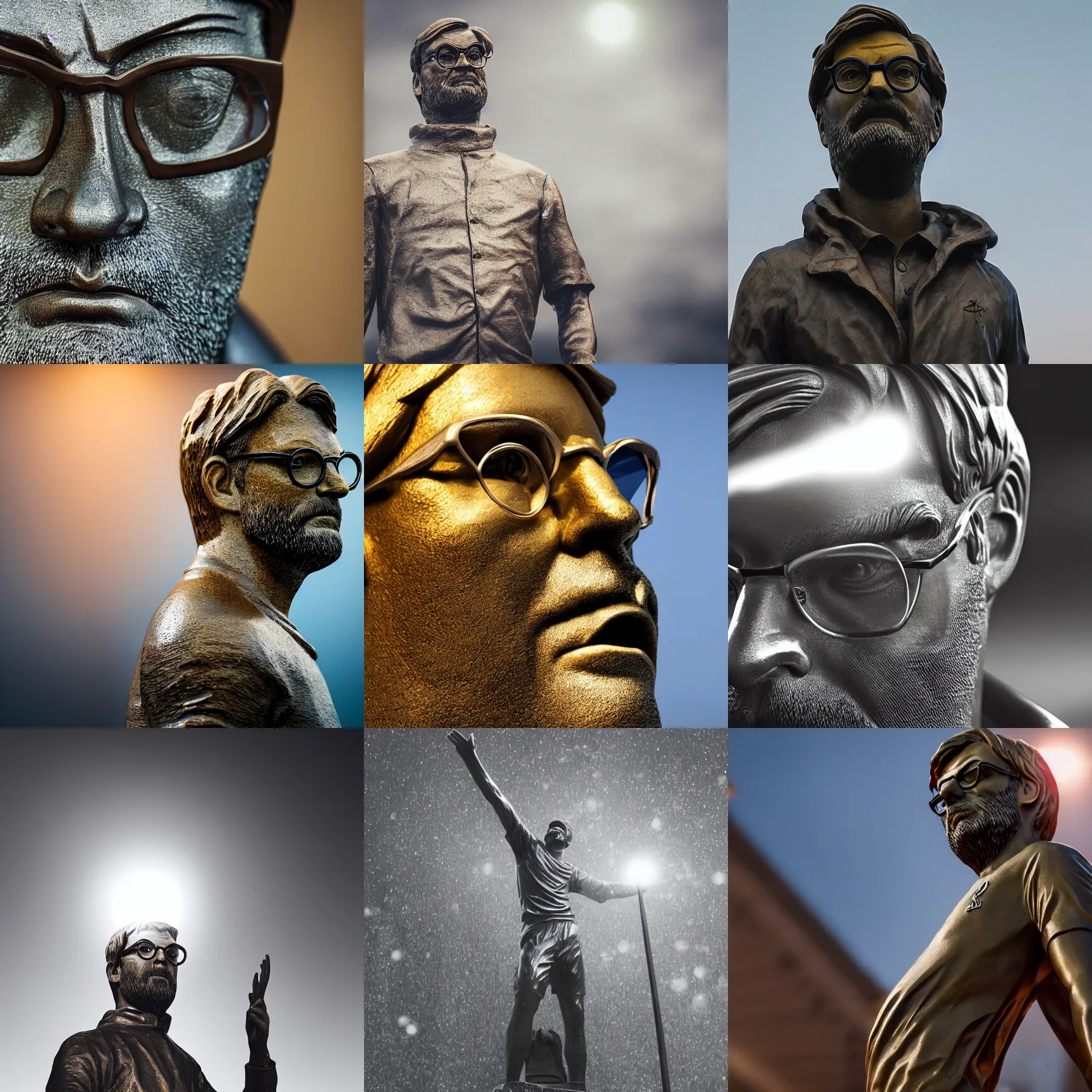 Prompt: bronze statue of Jurgen Klopp, movie still, cinematic lighting, dramatic, octane render, long lens, shallow depth of field, bokeh, anamorphic lens flare, 8k, hyper detailed, 35mm film grain