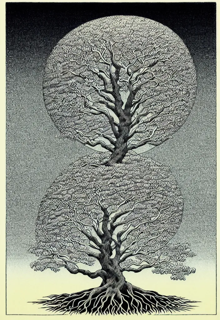 Image similar to prompt: white Bonsai tree roots merging into big moon drawn by Rene Magritte, Japanese woodblock print style, clean ink detailed line drawing, intricate detail, manga 1990