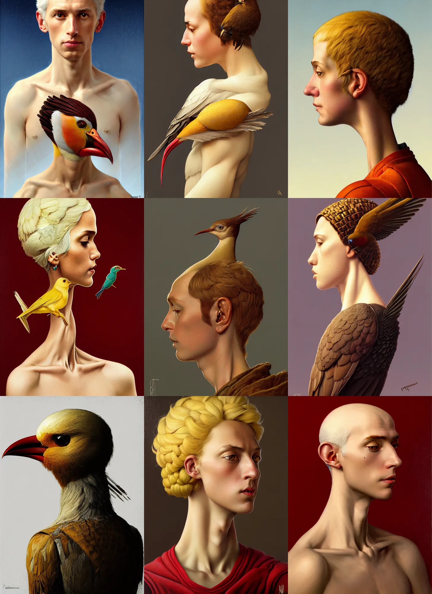 Prompt: rpg! profile! portrait of a humanoid bird on white background, beak, intricate, highly detailed, digital painting, artstation, concept art, smooth, sharp focus, illustration, art by norman rockwell emiliano ponzi andrey remnev yoann lossel john currin aaron jasinski ivan albright maria sibylla merian, 8 k