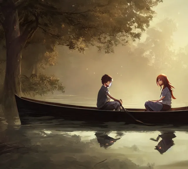 Image similar to a boy and a girl with long flowing auburn hair sitting together on the rowboat. Boy has black short hair, boy has black short hair. Atmospheric lighting, long shot, romantic, boy and girl are the focus, trees, river. details, sharp focus, illustration, by Jordan Grimmer and greg rutkowski, Trending artstation, pixiv, digital art