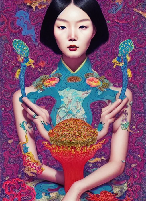 Image similar to pretty chinese model with hallucination mushroom : : by martine johanna and simon stalenhag and chie yoshii and casey weldon and wlop : : ornate, dynamic, particulate, rich colors, intricate, elegant, highly detailed, vogue, harper's bazaar art, fashion magazine, smooth, sharp focus,