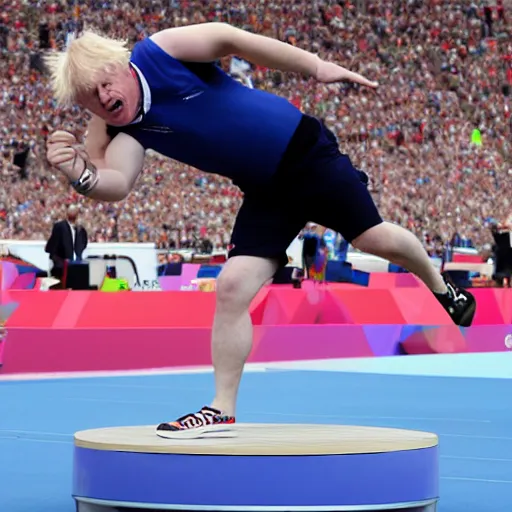 Prompt: Boris Johnson performing shot putt at the Olympics