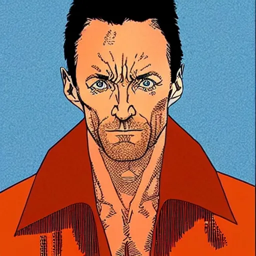 Prompt: “ hugh jackman retro minimalist portrait by jean giraud, moebius starwatcher, comic, 8 k ”