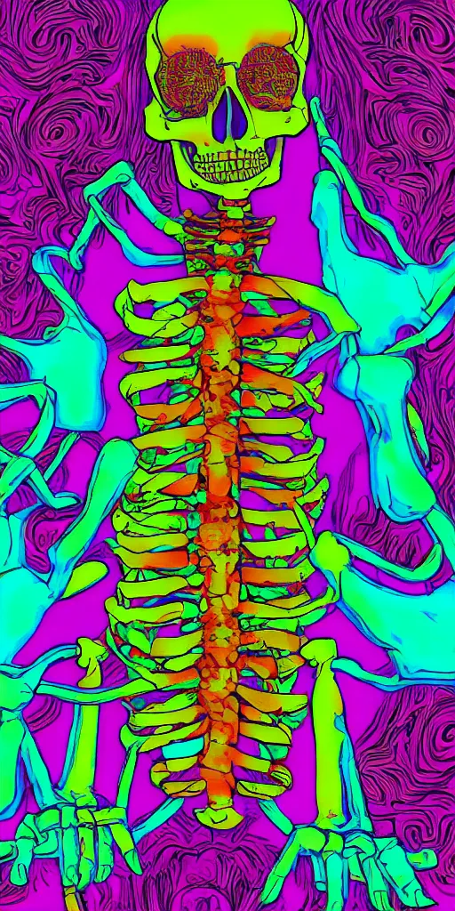 Image similar to vaporwave skeleton with psychedelic background