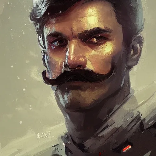 Prompt: portrait of a man by greg rutkowski, british features, short black hair in military style, moustache, tall, star wars expanded, universe, he is about 5 0 years old, wearing imperial captain uniform, artstation hq