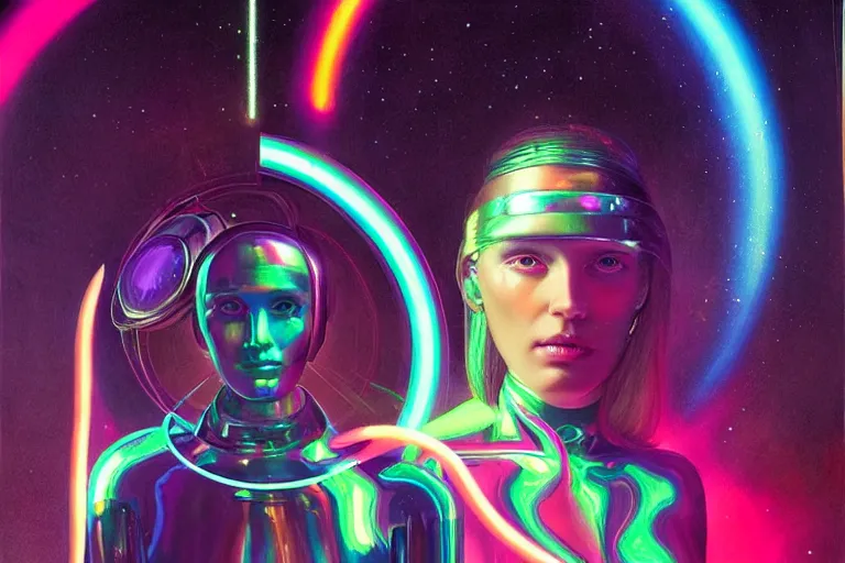 Image similar to patron saint of 👽 🌈👩🏾, futuristic clothing, woman and robot, disco party, neon god of city character portrait, in the style of moebius, tom bagshaw, and waterhouse, cinematic lighting, beautiful, elegant, oil painting,