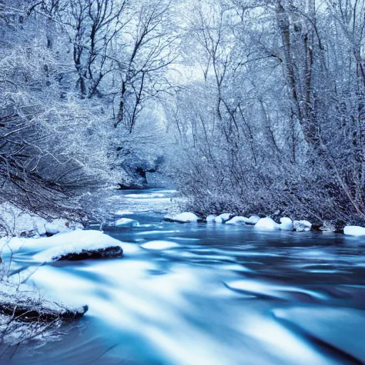 Prompt: winter icy rivers in the forest, woodland creatures, award-winning photography, 4k detail