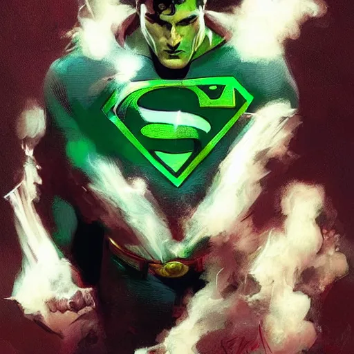 Image similar to superman smoke kryptonite dust cocaine, green kryptonite, art by greg rutkowski