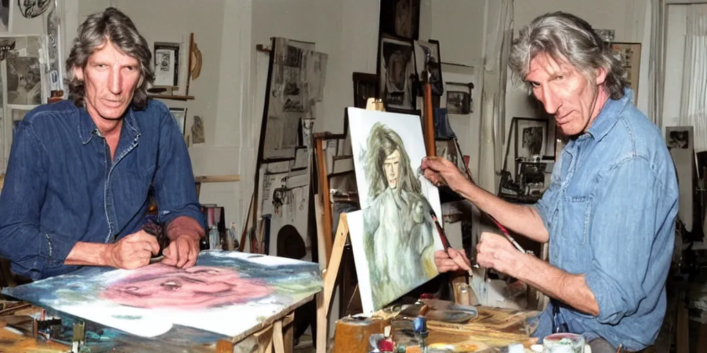 Image similar to pink floyd's roger waters, stands at his easel, painting a self portrait