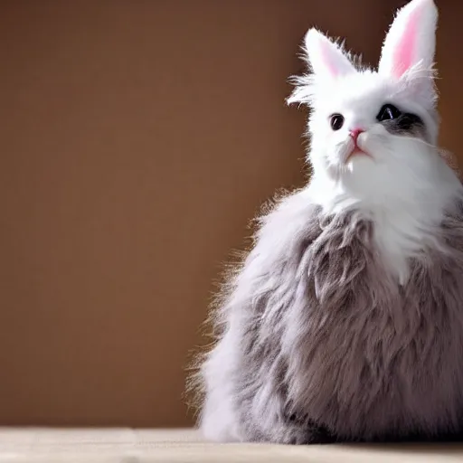 Prompt: A cross between a cute cat and a fluffy bunny , photograph