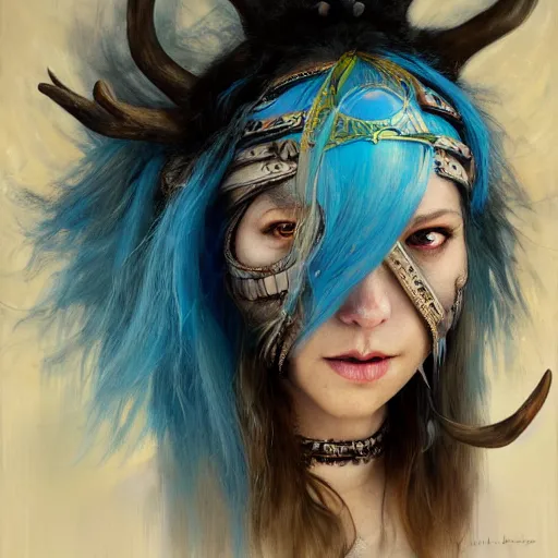 Image similar to A young female shaman, blue hair and antlers on her head, blindfolded, heilung, in the style of Heather Theurer, headshot photoshoot, artstation, made by karol bak