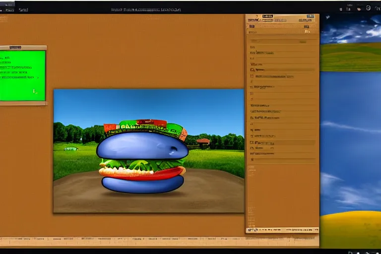 Image similar to hamburger themed gnu / linux desktop environment, linux mint, in 1 9 9 5, y 2 k, desktop screenshot