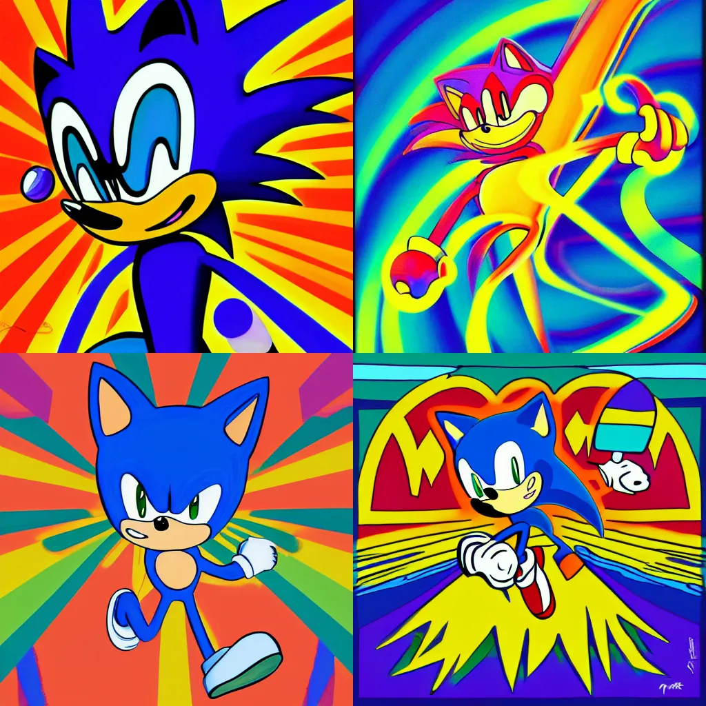 Prompt: a stylized painting of sonic the hedgehog, an album cover by peter max, behance contest winner, psychedelic art, seapunk, chillwave, outrun