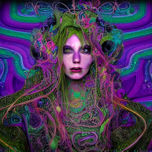 Image similar to psychadelic witch, hyper detailed, flowing psychadelic background intricate and detailed, ornate 8 k gorgeous intricate detailed, octane render