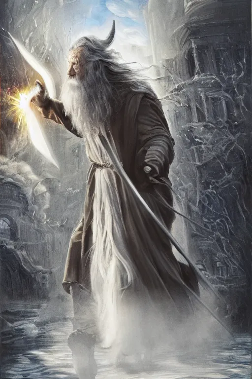 Image similar to gandalf attacks the white house, oil on canvas, intricate, 8 k highly professionally detailed, hdr, cgsociety