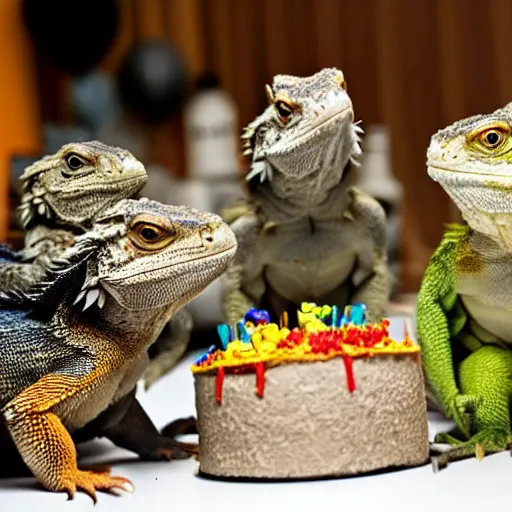 Image similar to a group of bearded dragons having a birthday party