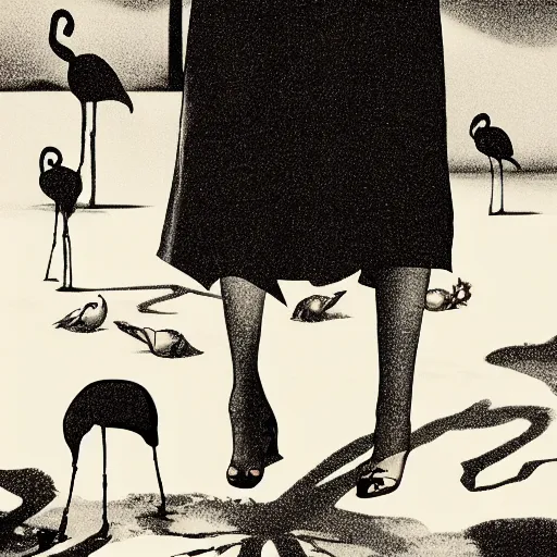 Prompt: A surreal comic noir illustration containing Natalie Portman and Flamingos on a desert beach oasis by Salvador Dali, dark vibes, high contrast, pastel lighting, cinematic, depth of field, 8k