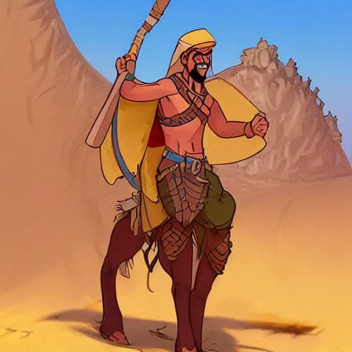 Image similar to bedouin warrior. cursed, wandering the sand dunes in search of oasis. high quality, cartoon, digital painting, by don bluth and ross tran