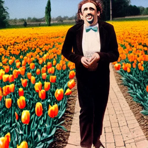 Image similar to photo of herbert butros khaury as singer tiny tim, tiptoeing through the tulips, walking on tiptoes