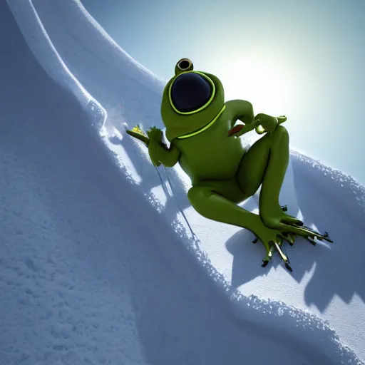 Image similar to 3 d octane render of a man dressed like a frog skiing down a snowy mountain