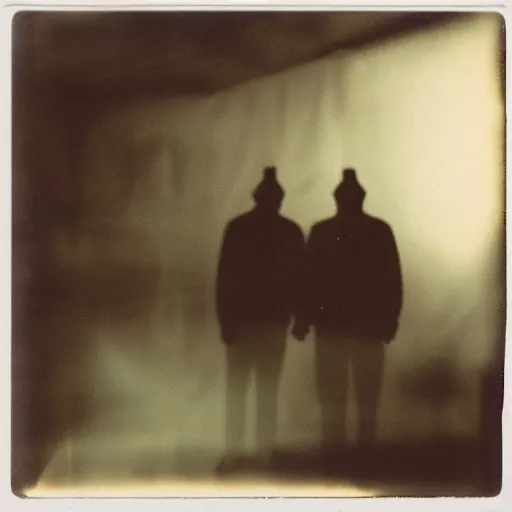 Image similar to two shadowy demons shaking hands and looking at the camera, horror, nightmare, terrifying, surreal, nightmare fuel, old polaroid, blurry, expired film, lost footage, found footage,