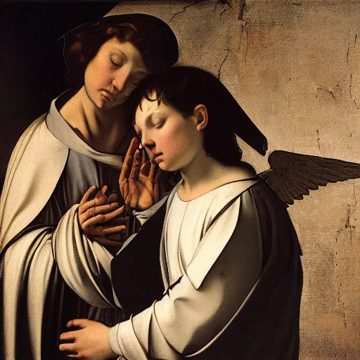 Image similar to 2 angels at the tomb of jesus, caravaggio, velasquez