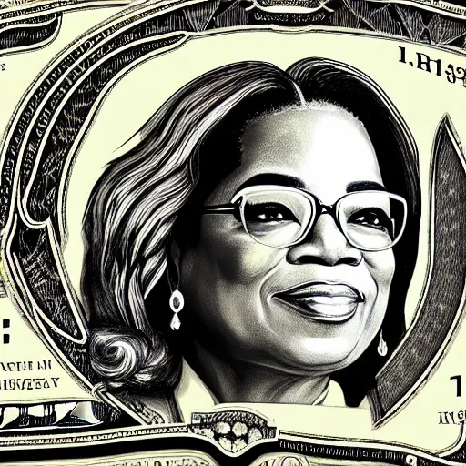 Image similar to an intricately detailed new dollar bill design featuring a portrait of Oprah Winfrey