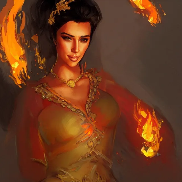 Prompt: Kim Kardashain as a firebender, portrait, elegant, intricate, digital painting, artstation, concept art, smooth, sharp focus, illustration, art by konstantin korovin and Daniel F. Gerhartz and john howe