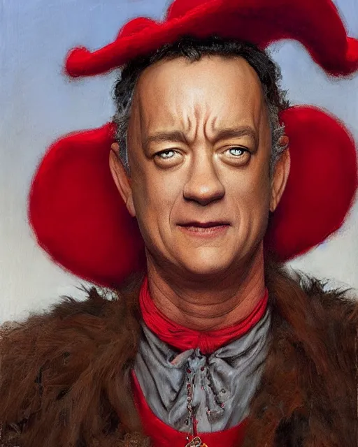 Image similar to closeup portrait of whimsical conniving tom hanks wearing a red hat, court jester in renaissance era,, masterpiece, by donato giancola and greg rutkowski and wayne barlow and zdzisław beksinski, high contrast, realistic face