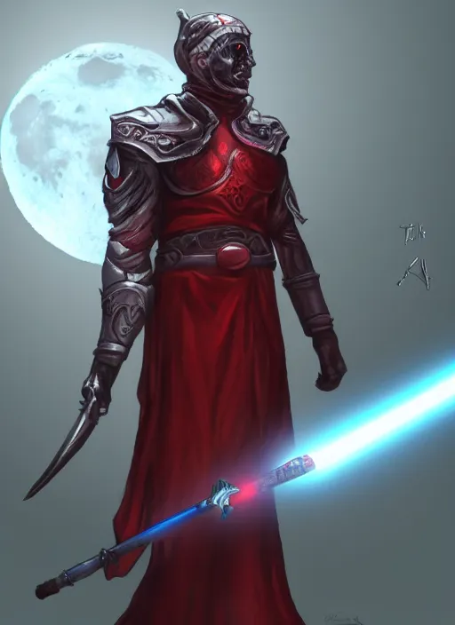 Prompt: the evil moon is holding a Jedi red sword in its hands character artstation