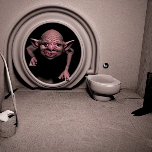 Image similar to Camera footage of an Evil Goblin coming out of a Toilet bowl, 4k, realistic, full image, full body