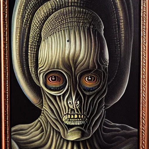 Image similar to peer into the depths of the endless cosmic void. behold your fears. hr giger, oil on canvas