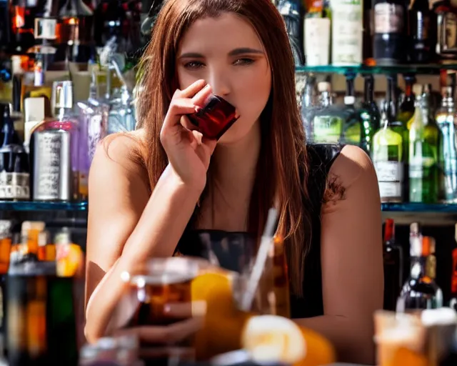 Image similar to an over-heated young female bartender serving people alcohol under the hot sun, photograph, 4k UHD