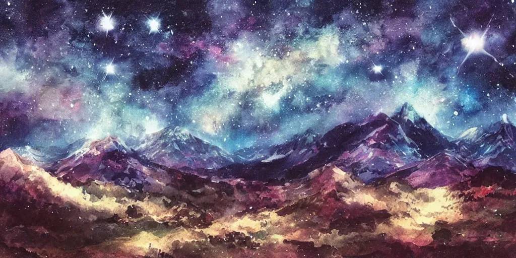 Prompt: stunning mountain landscape with sky full of galaxies by posuka demizu