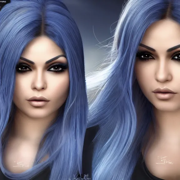 Prompt: portait of haifa wehbe, long hair centred, hd, very detailed curve, unreal engine, final fantasy style, blue soft background