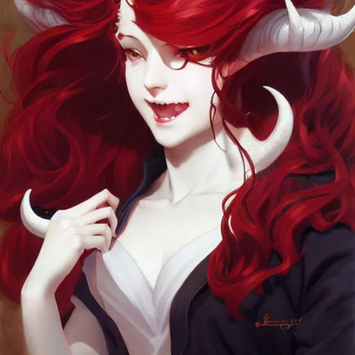 Image similar to a girl with red hair, white eyes, and demon horns with a devious grin. By JC Leyendecker Phuoc Quan. Makoto shinkai