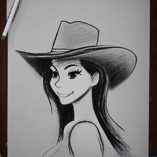 Image similar to milt kahl pencil sketch of victoria justice with a cowboy hat