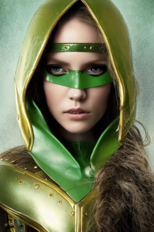 Image similar to a beautiful portrait of a young woman, green elf ranger with long flowing hair and a green leather hood, elf ranger leather armor with green colors and gold lining, young female face, cinematic top lighting, insanely detailed and intricate, face by wlop, Charlie Bowater, golden ratio, symmetric, elegant, ornate, luxury, elite, matte painting, cinematic, trending on artstation, deviantart and cgsociety, 8k, high resolution