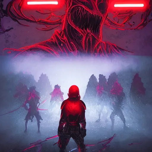 Image similar to tactical combat squad in red hoods fighting otherworldly monsters between the mystical foggy swamp. Style as if Dan Mumford and Tsutomu Nihei make game in Unreal Engine, photorealism, colorful, finalRender iridescent fantasy concept art 8k resolution concept art ink drawing volumetric lighting bioluminescence, plasma, neon, brimming with energy, electricity, power, Colorful Sci-Fi Steampunk Biological Living, cel-shaded, depth, particles, lots of reflective surfaces, subsurface scattering