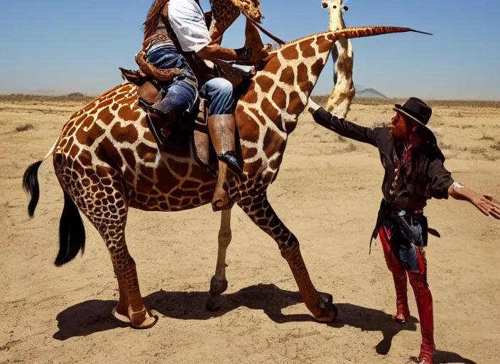 Prompt: film still of danny trejo on a saddle riding a giraffe wearing a bandana in mexico, 8 k