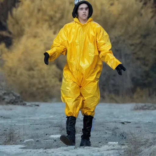 Prompt: cole sprouse as jughead jones in a yellow hazmat suit and a grey beanie, still from breaking bad