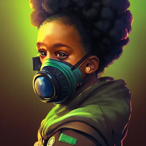 Prompt: a young black girl with afro puffs wearing a gas mask, Apex Legends character, digital illustration portrait design, by android jones and greg rutkowski, retrowave color scheme, detailed, cinematic lighting, wide angle action dynamic portrait