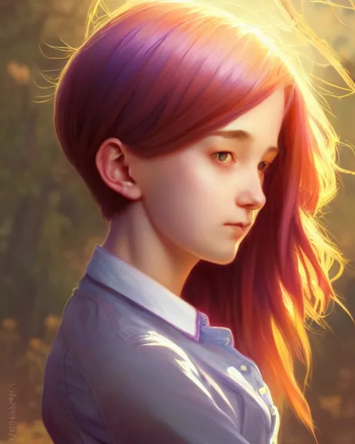 Image similar to side portrait of an innocent lost college girl, magic school uniform, multi - colored hair, short hair style, fantasy building, intricate, sharp focus, lens flare, bloom, rim light, illustration, highly detailed, digital painting, concept art, matte, art by wlop and artgerm and greg rutkowski and alphonse mucha, masterpiece