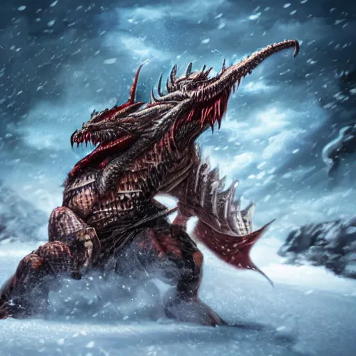 Prompt: fantasy warrior being eaten by a dragon in the snow