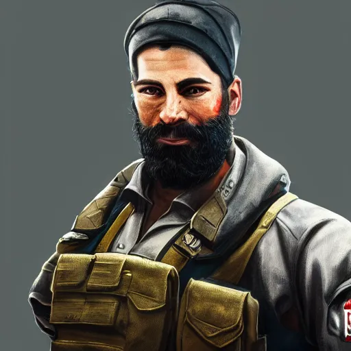 Prompt: a portrait of a Kaid from Rainbow Six Siege, ,operator, military , game concept art, illustration, HDR, natural light, shoulder level shot, dynamic pose, award winning photograph, Mucha style, 8k,